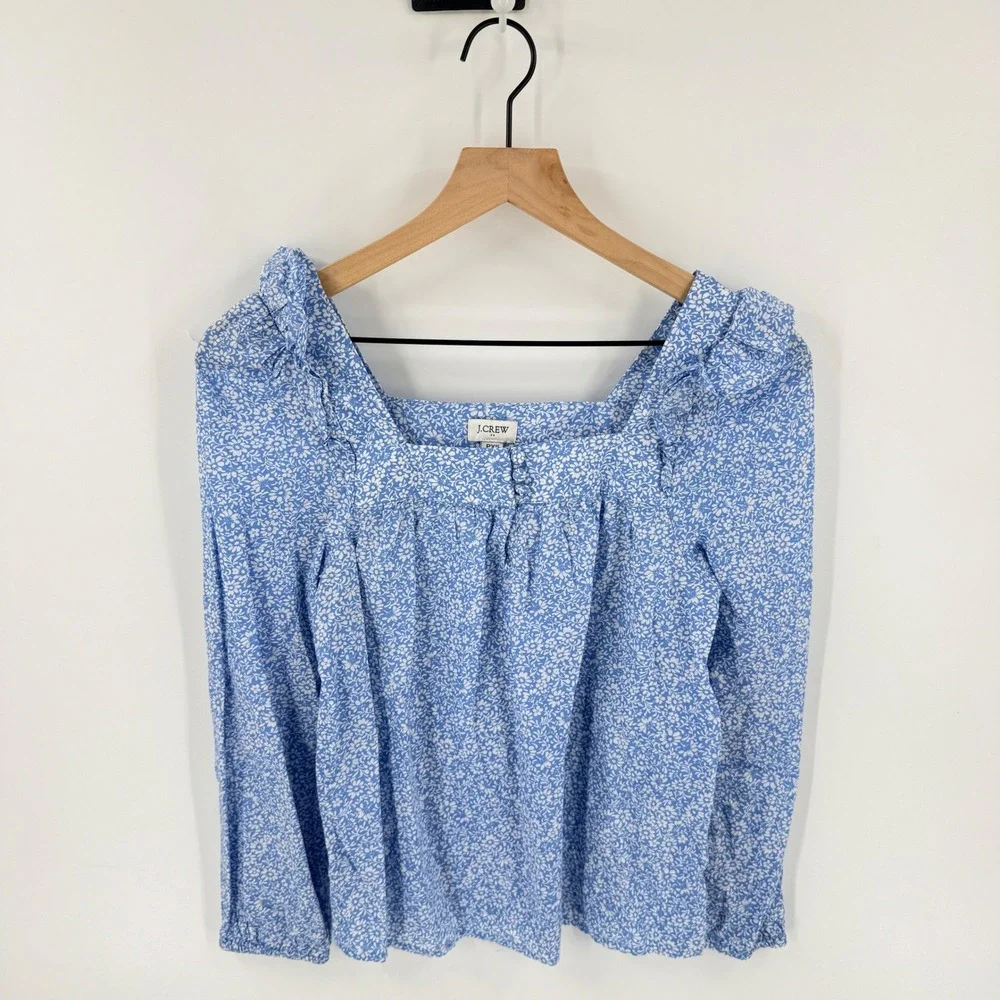 J. Crew Floral Ruffle Blouse‎ Blue PXS Square Neck Cotton Cottagecore Top